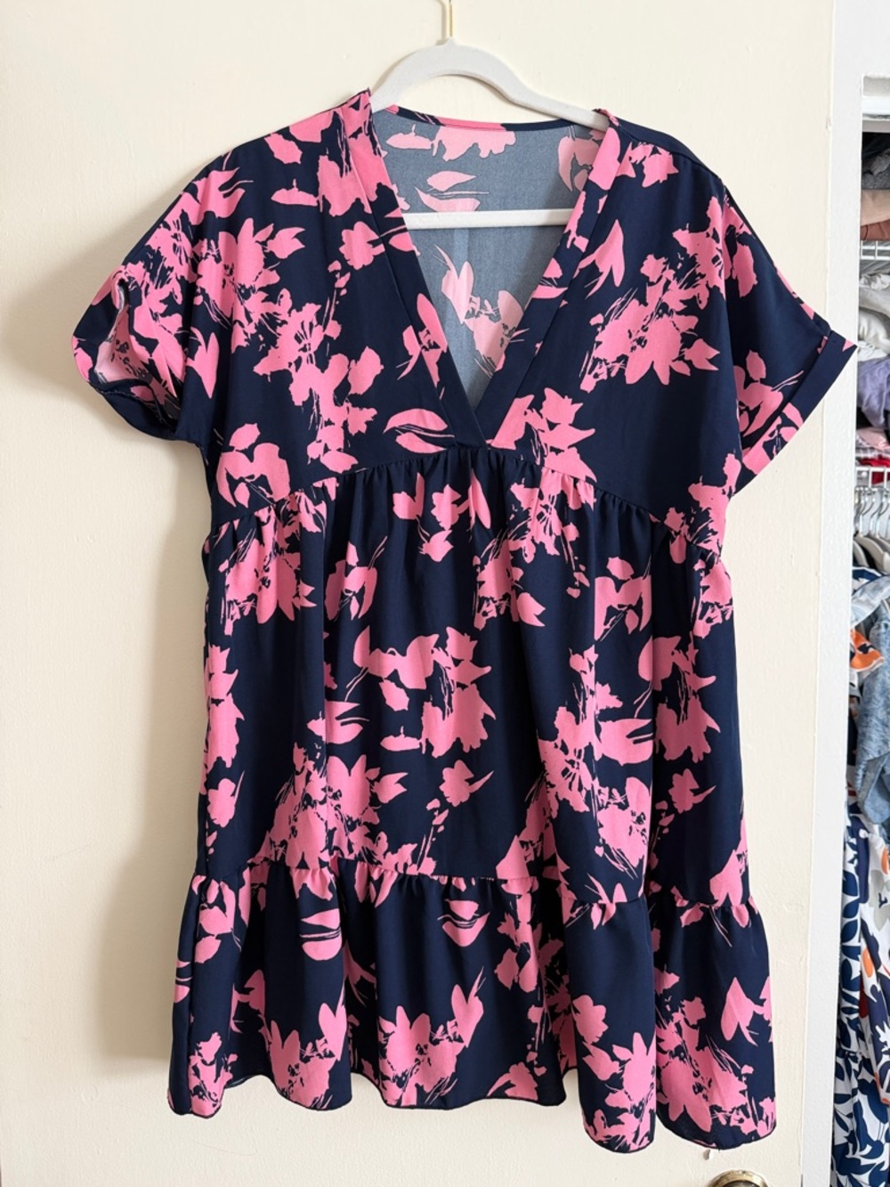 Navy & Pink Floral V-Neck Babydoll Dress